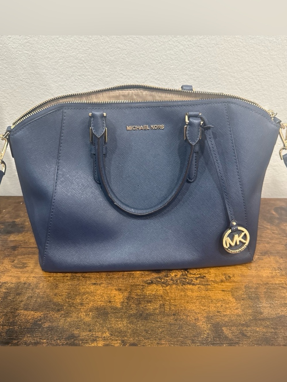 MICHAEL KORS Navy Saffiano Dome Satchel with Gold Logo Charm